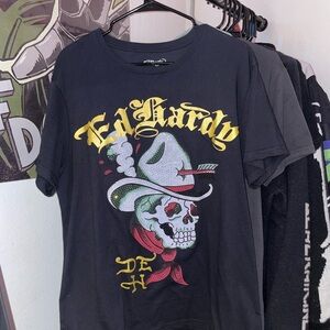 Ed Hardy Black Tee with Skull and Hat Graphic